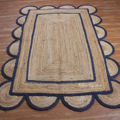 Hall Way Decor Blue Beige Hand Braided Geometric Jute Rug