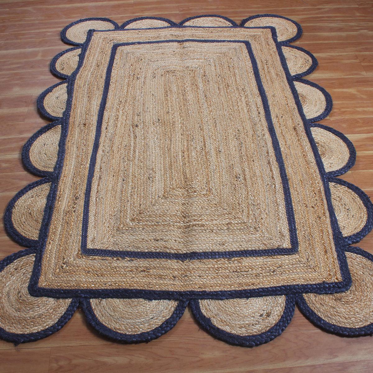 Hall Way Decor Blue Beige Hand Braided Geometric Jute Rug - Indian Rug Store