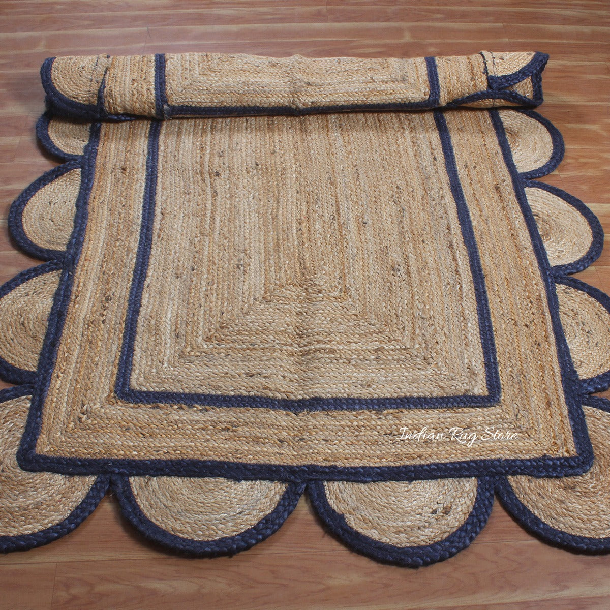 Hall Way Decor Blue Beige Hand Braided Geometric Jute Rug