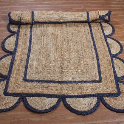 Hall Way Decor Blue Beige Hand Braided Geometric Jute Rug - Indian Rug Store