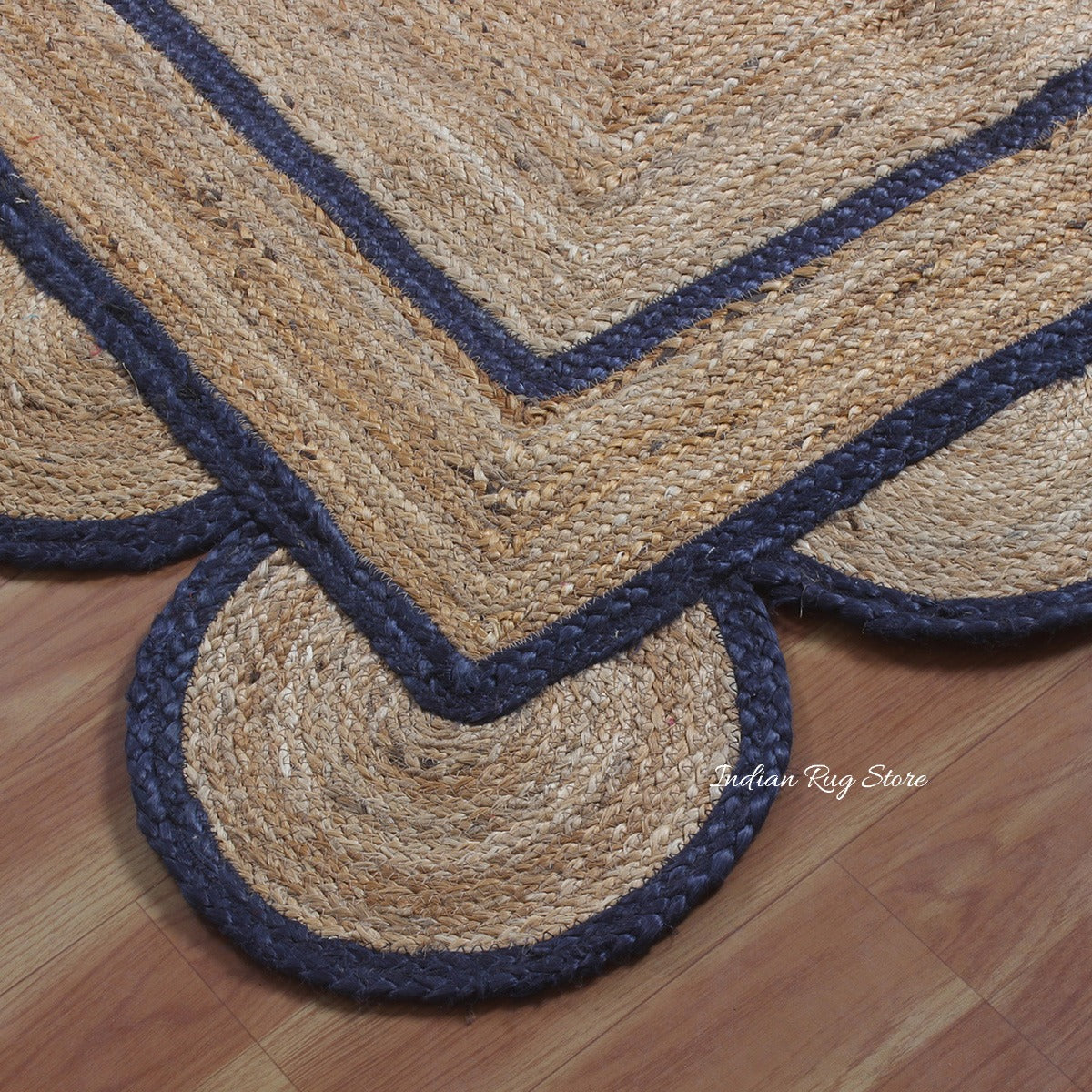 Hall Way Decor Blue Beige Hand Braided Geometric Jute Rug