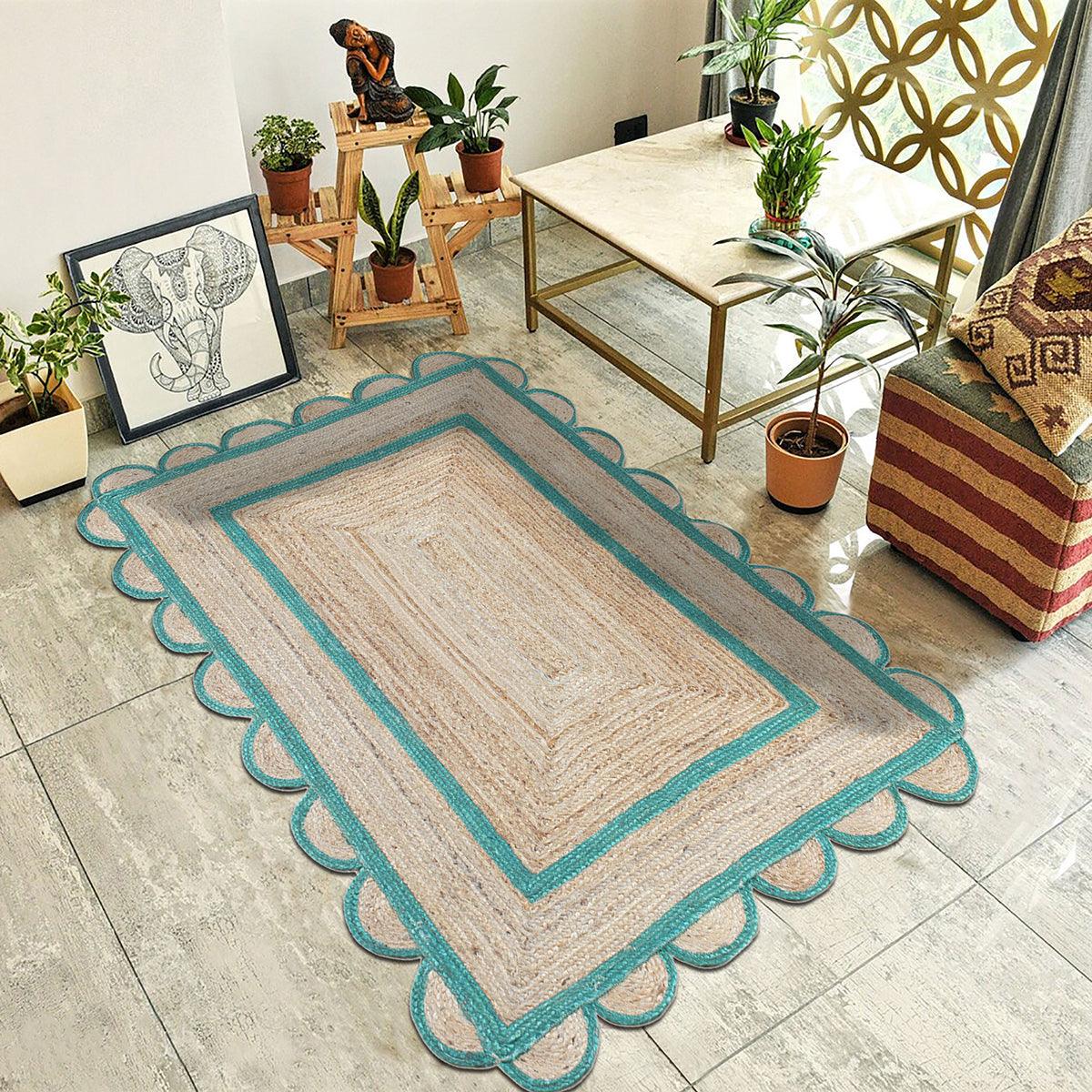 Green Beige Geometric Hand Braided Farm House Decor Jute Rug - Indian Rug Store