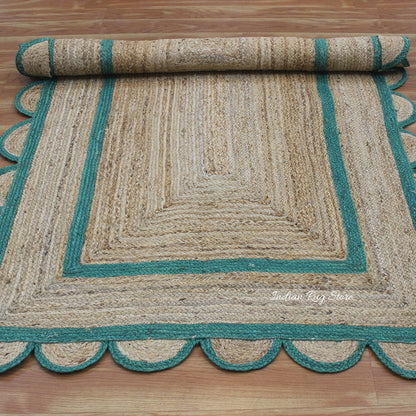 Green Beige Geometric Hand Braided Farm House Decor Jute Rug