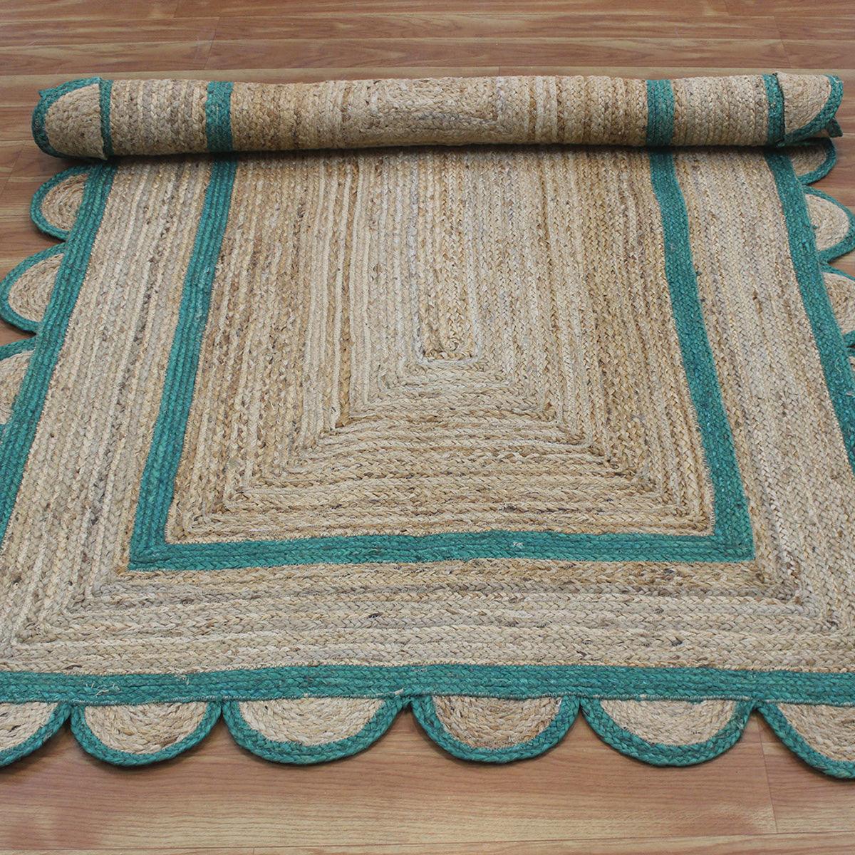 Green Beige Geometric Hand Braided Farm House Decor Jute Rug - Indian Rug Store