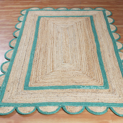 Green Beige Geometric Hand Braided Farm House Decor Jute Rug