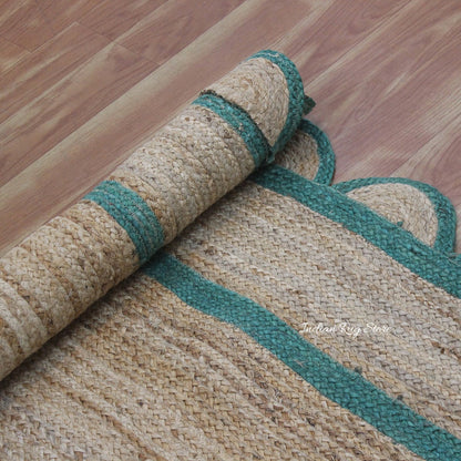 Green Beige Geometric Hand Braided Farm House Decor Jute Rug