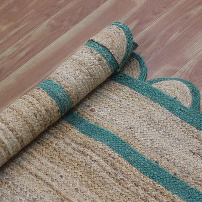 Green Beige Geometric Hand Braided Farm House Decor Jute Rug - Indian Rug Store