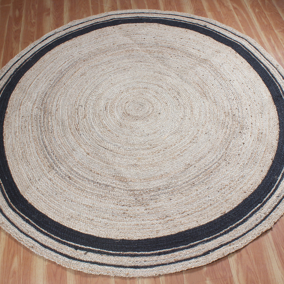 Round Beige Black Hand Braided Geometric Dining Room Decor Jute Rug - Indian Rug Store