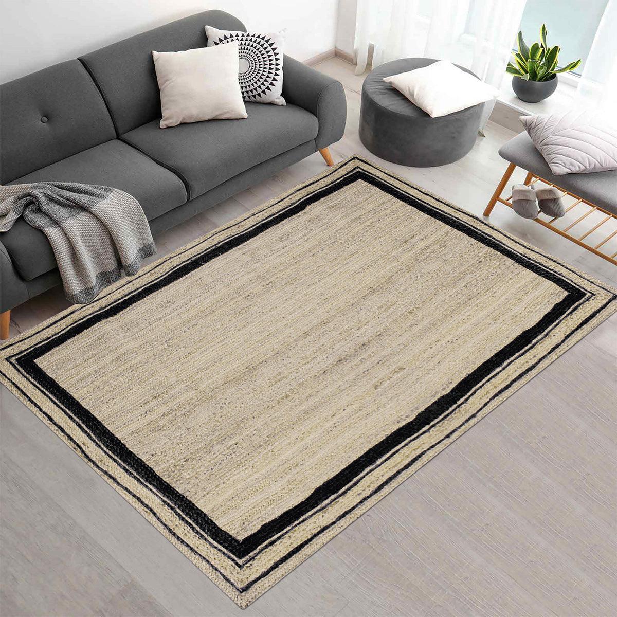 Hand Braided Rectangle Beige Black Interior Decor Jute Rug - Indian Rug Store