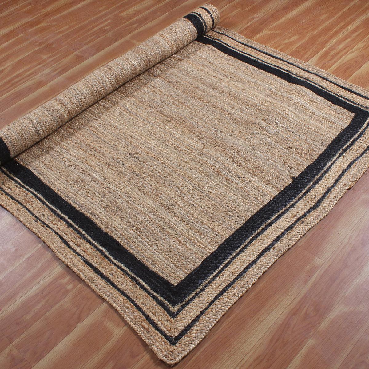 Hand Braided Rectangle Beige Black Interior Decor Jute Rug - Indian Rug Store