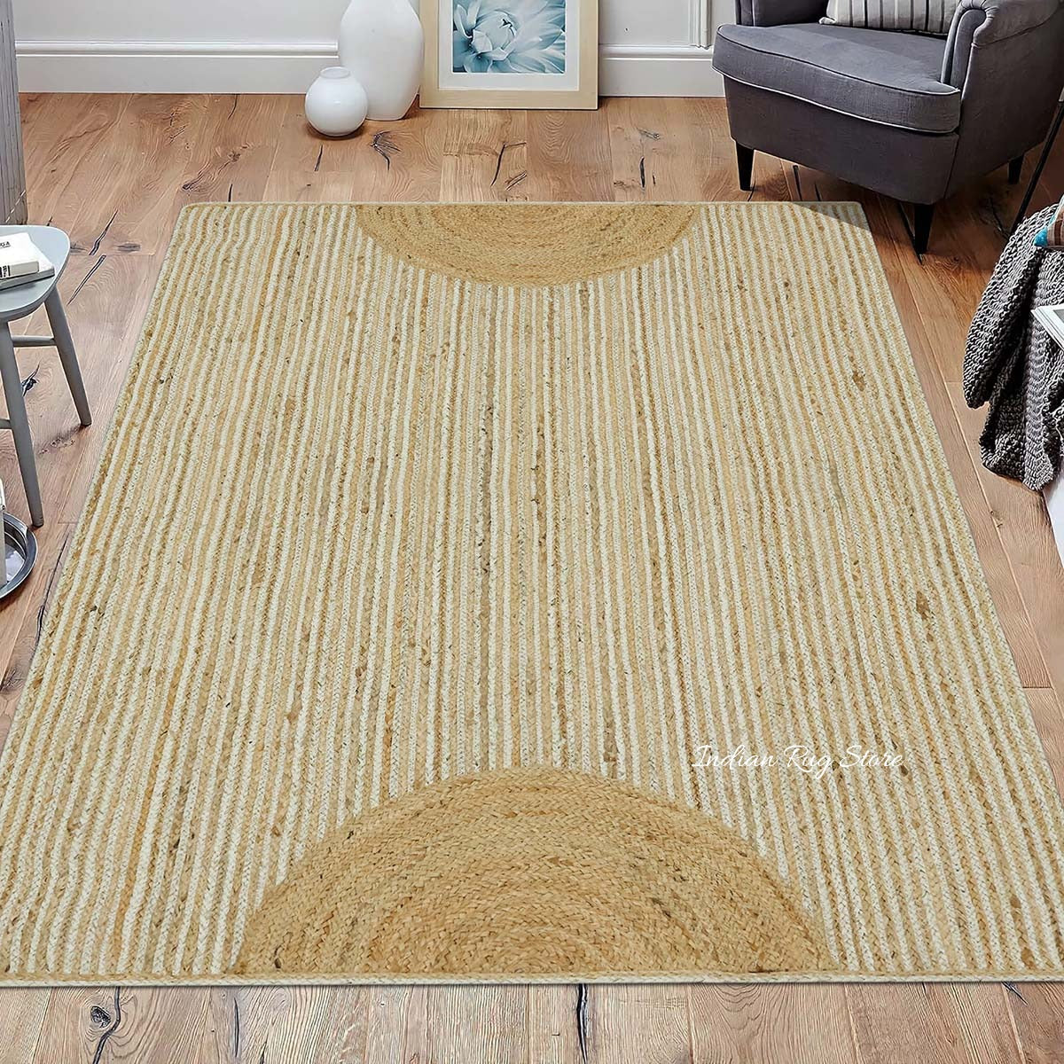 Natural Fiber Beige White Hand Braided Living Room Jute Area Rug