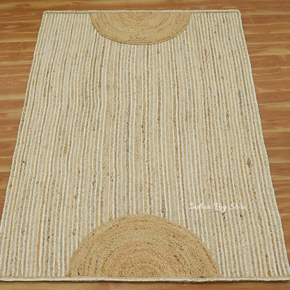 Natural Fiber Beige White Hand Braided Living Room Jute Area Rug