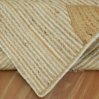 Natural Fiber Beige White Hand Braided Living Room Jute Area Rug