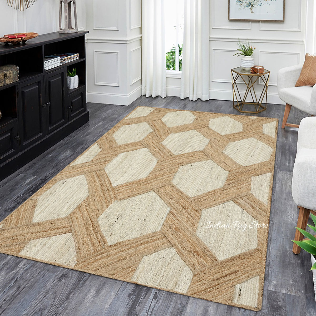 Indian Hand Braided Beige White Jute Dining Area Rug