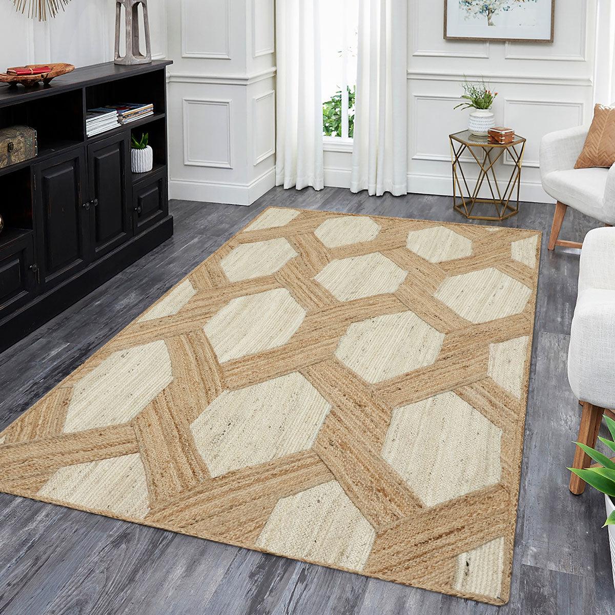 Indian Hand Braided Beige White Jute Dining Area Rug - Indian Rug Store