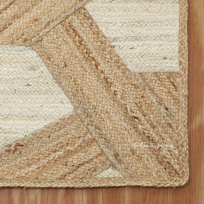 Indian Hand Braided Beige White Jute Dining Area Rug