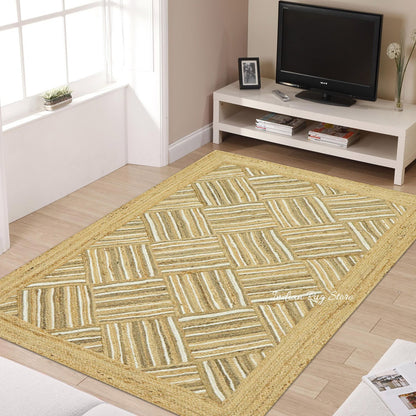 Indian Hand Braided Beige Jute Designer Large Area Rug