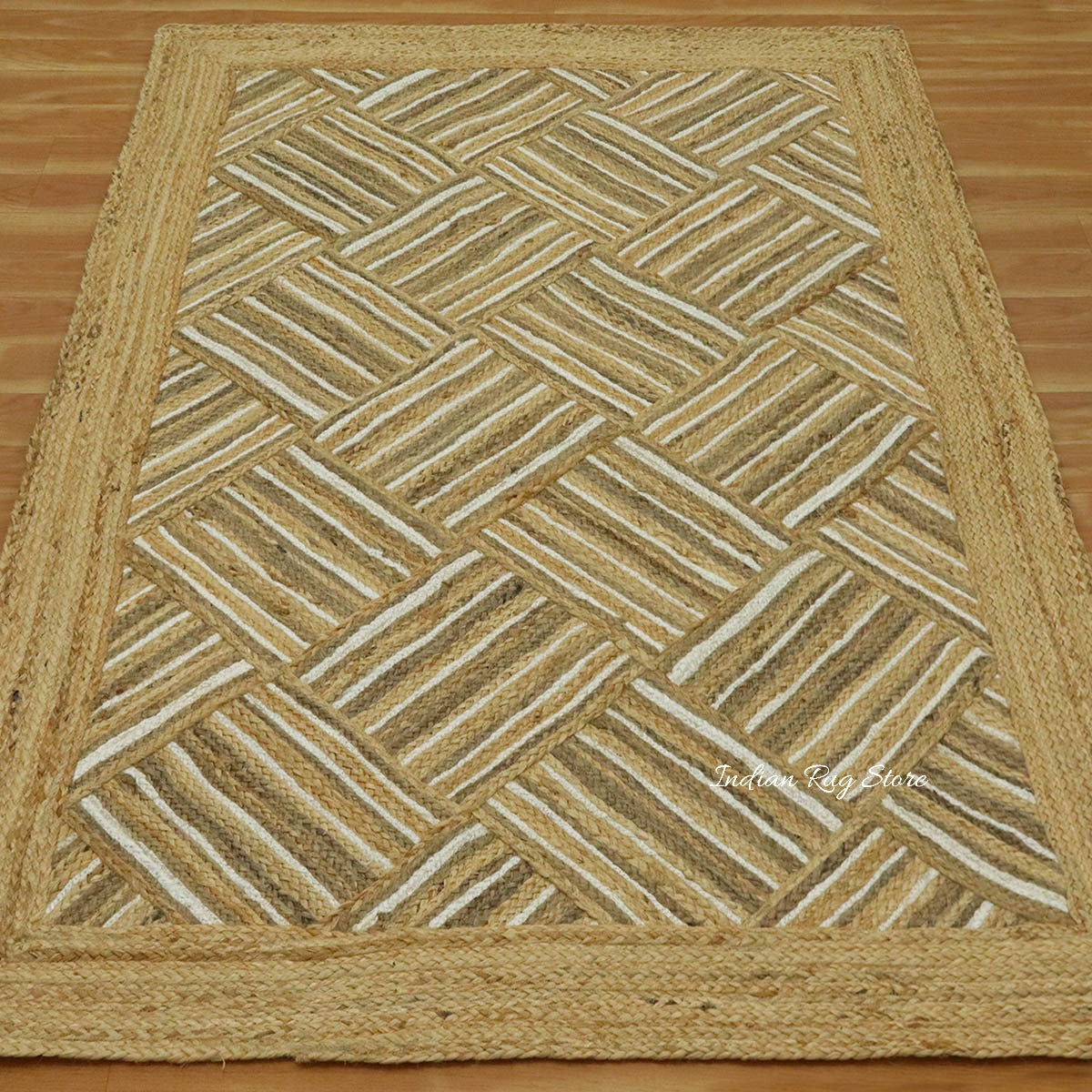 Indian Hand Braided Beige Jute Designer Large Area Rug