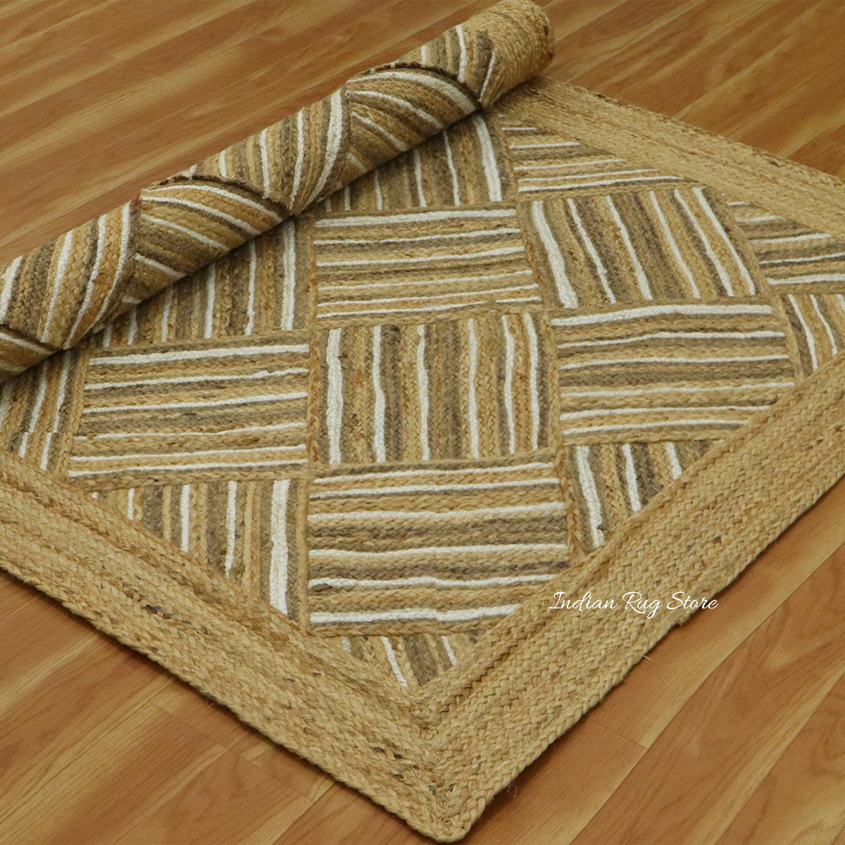 Indian Hand Braided Beige Jute Designer Large Area Rug