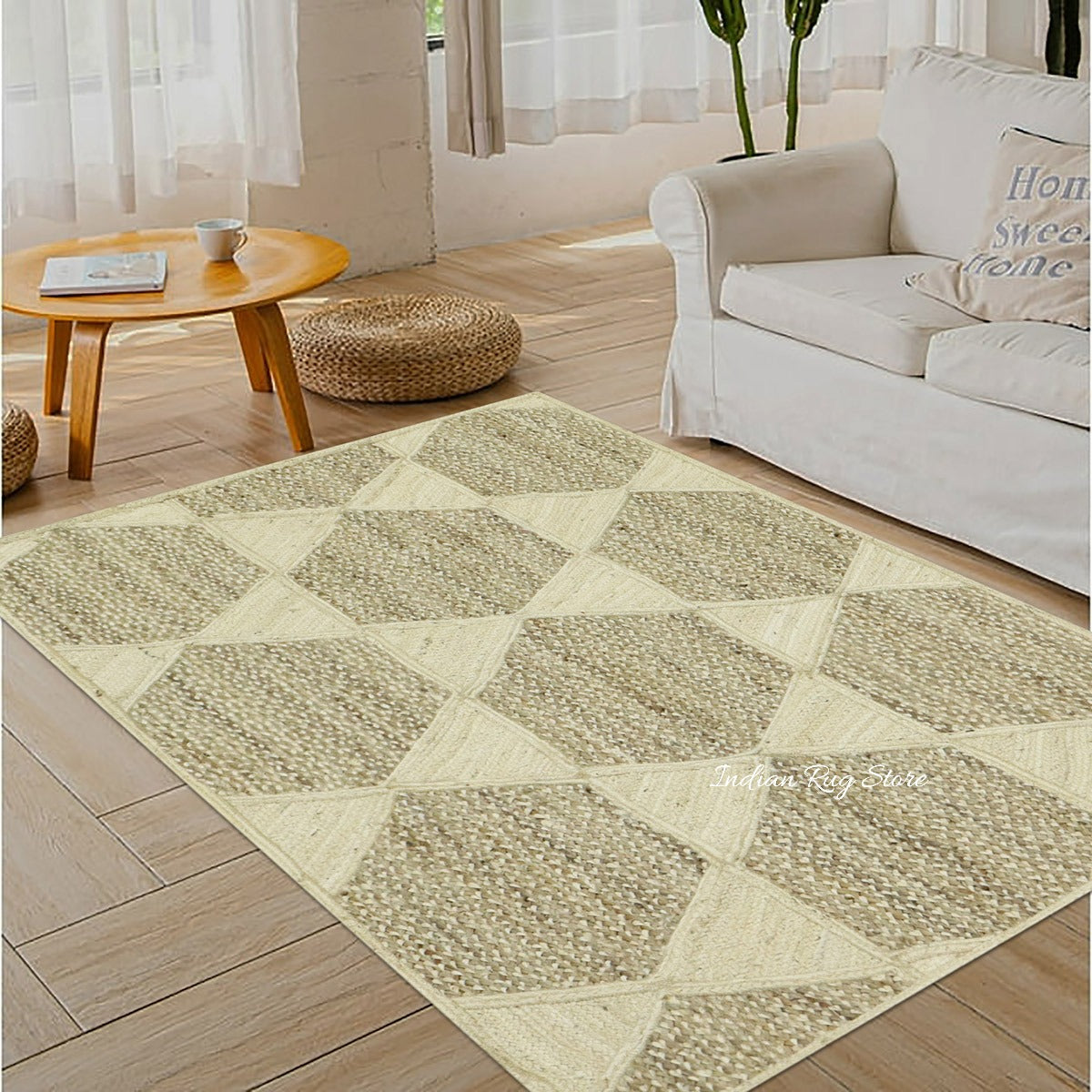 Hand Braided White Beige Jute Home Decor Area Rug