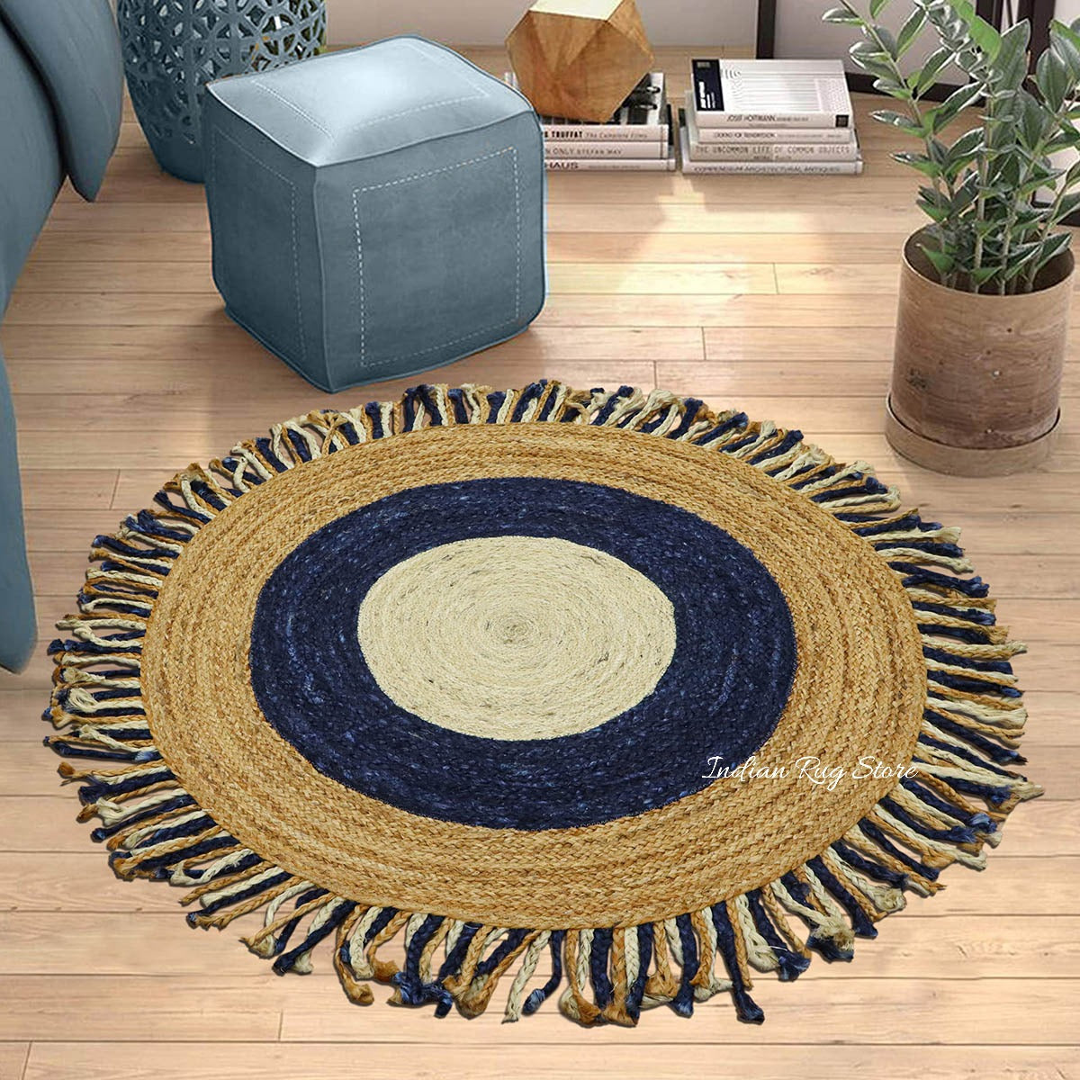 Hand Braided Black Beige Round Flat Weave Jute Rug