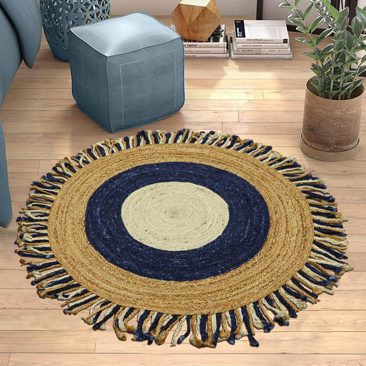 Hand Braided Black Beige Round Flat Weave Jute Rug - Indian Rug Store