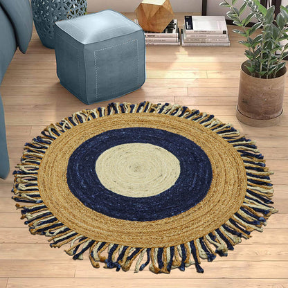 Hand Braided Black Beige Round Flat Weave Jute Rug - Indian Rug Store