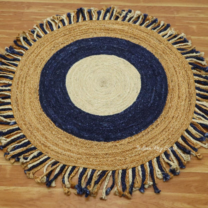 Hand Braided Black Beige Round Flat Weave Jute Rug