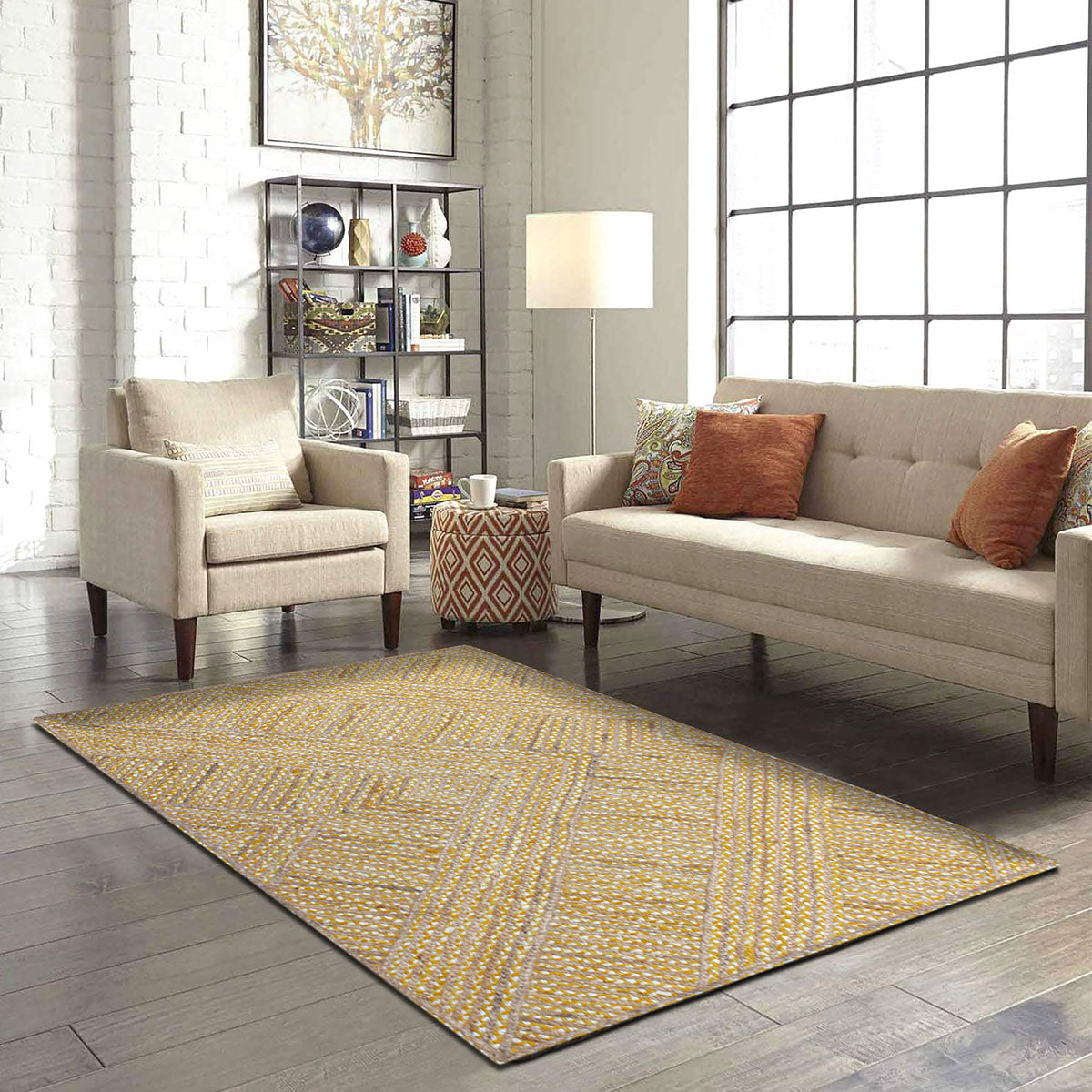 Geometric Yellow Beige Hand Braided Hall Way Decor Cotton Jute Rug - Indian Rug Store