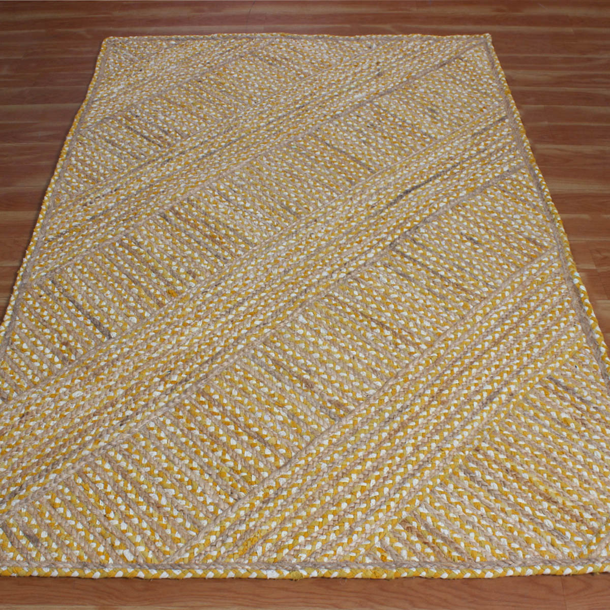 Geometric Yellow Beige Hand Braided Hall Way Decor Cotton Jute Rug - Indian Rug Store