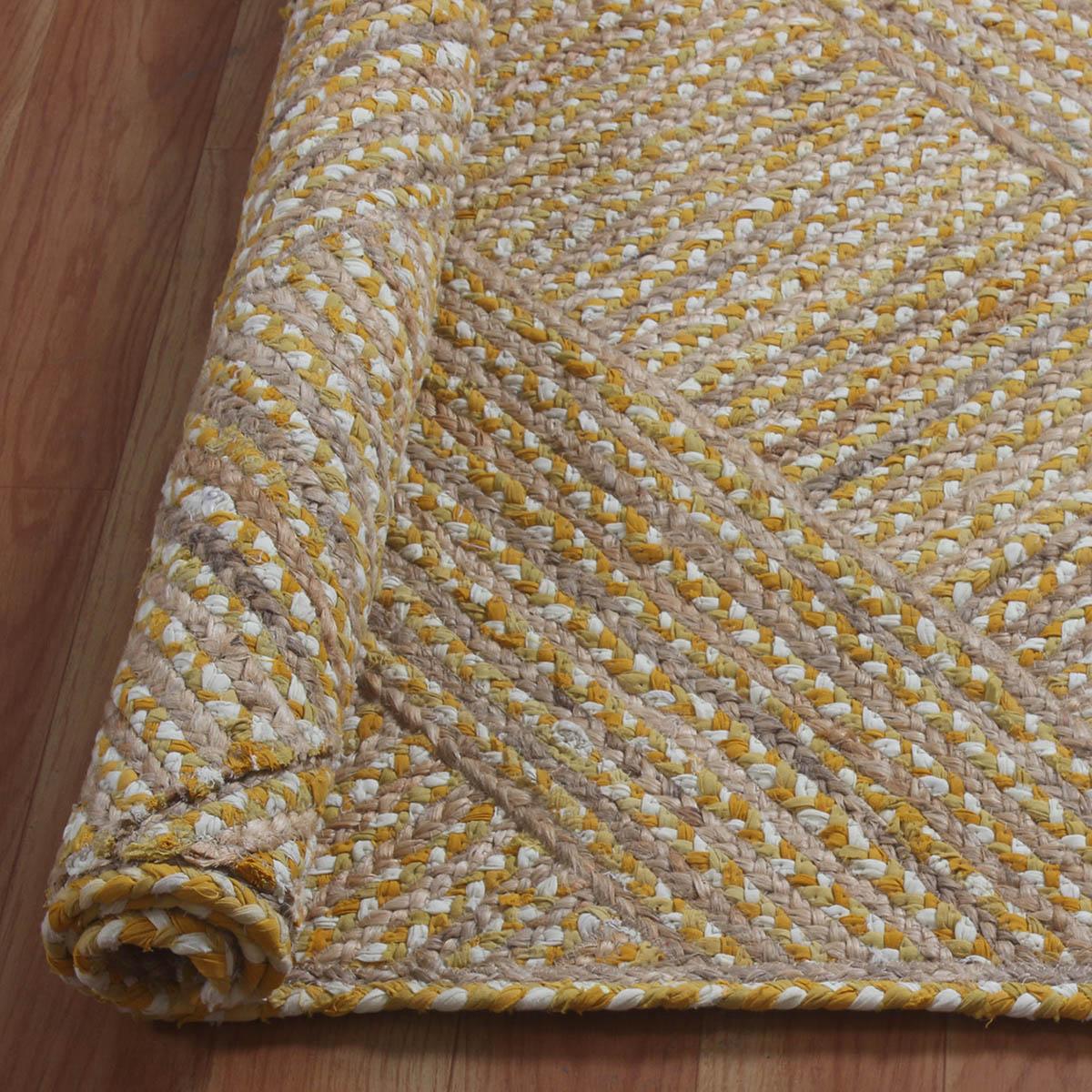 Geometric Yellow Beige Hand Braided Hall Way Decor Cotton Jute Rug - Indian Rug Store