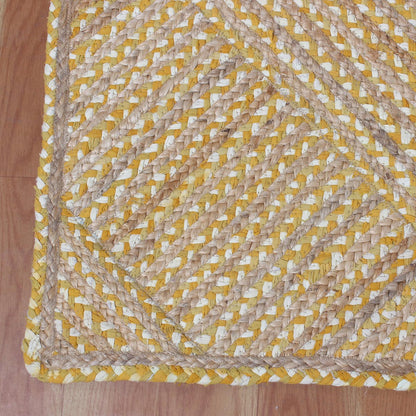 Geometric Yellow Beige Hand Braided Hall Way Decor Cotton Jute Rug - Indian Rug Store