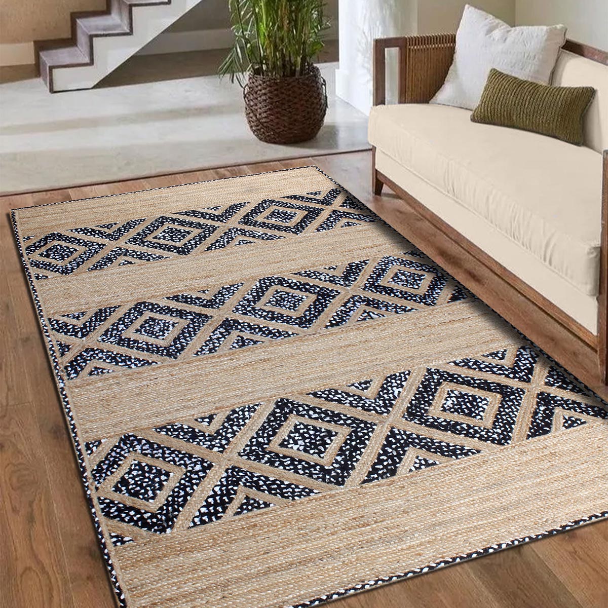 Geometric Beige Black Hand Braided Hall Way Decor Cotton Jute Rug - Indian Rug Store