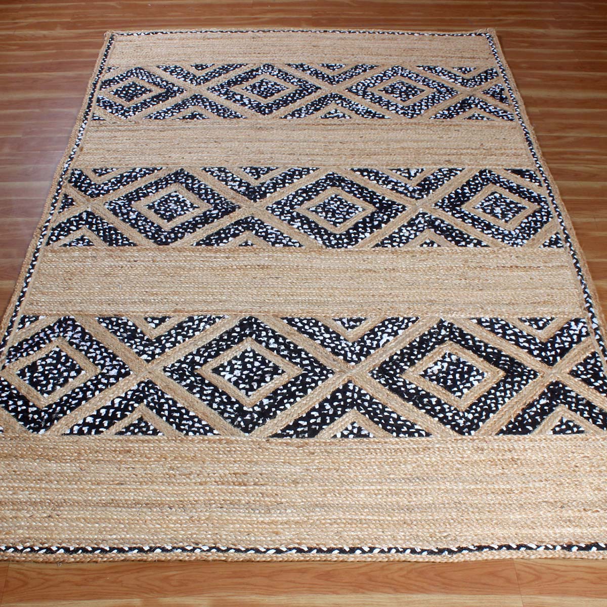 Geometric Beige Black Hand Braided Hall Way Decor Cotton Jute Rug - Indian Rug Store