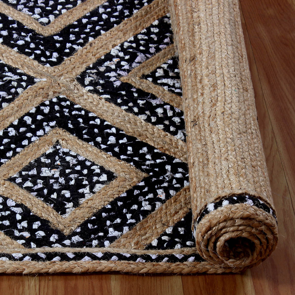 Geometric Beige Black Hand Braided Hall Way Decor Cotton Jute Rug - Indian Rug Store