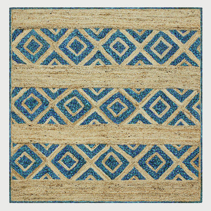 Geometric Beige Blue Hand Braided Hall Way Decor Cotton Jute Rug - Indian Rug Store