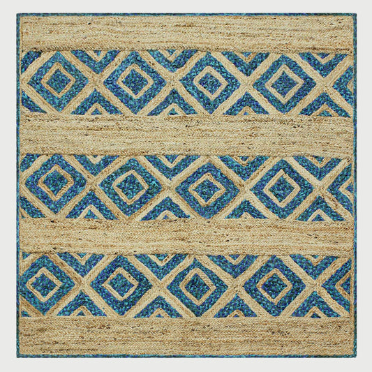 Geometric Beige Blue Hand Braided Hall Way Decor Cotton Jute Rug - Indian Rug Store