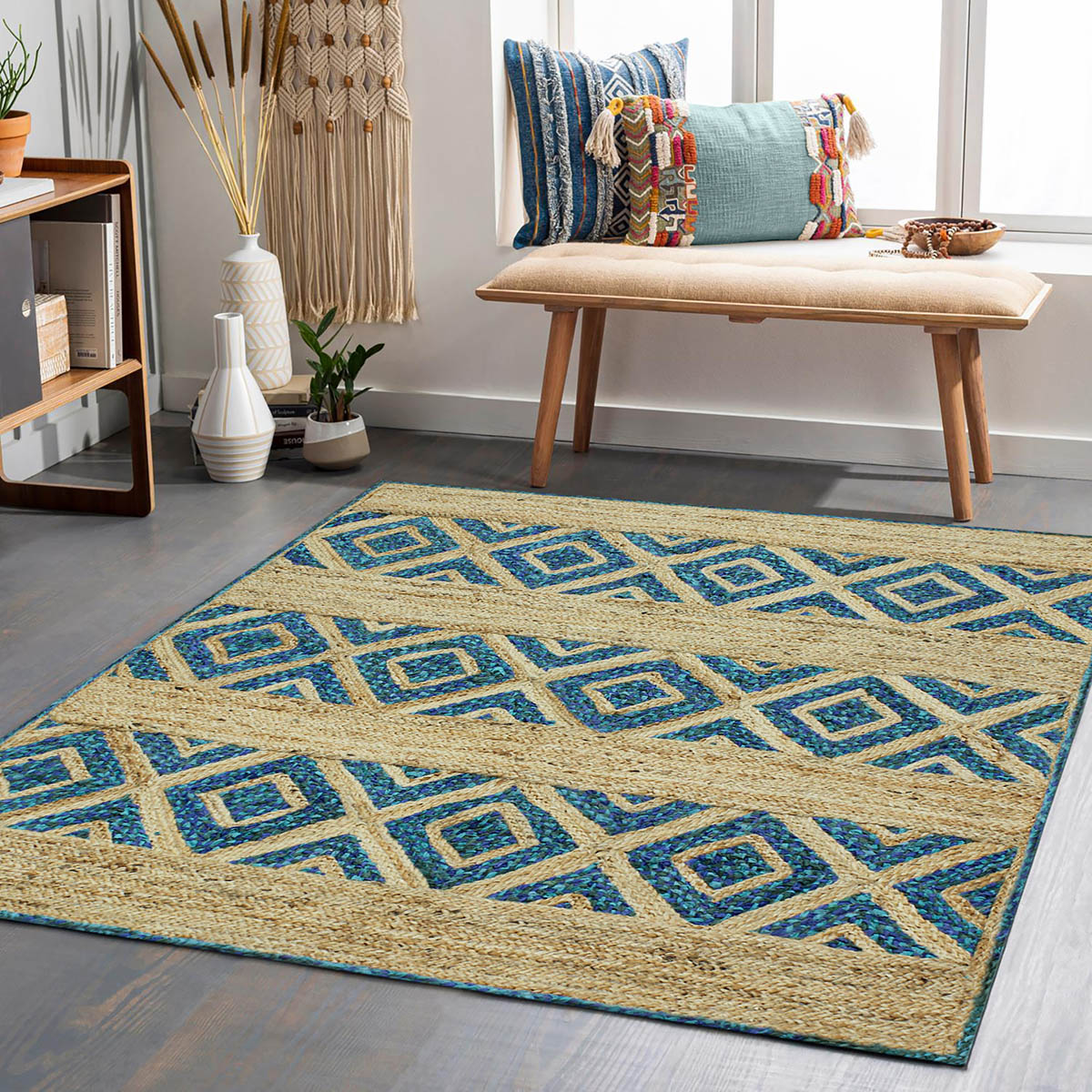 Geometric Beige Blue Hand Braided Hall Way Decor Cotton Jute Rug - Indian Rug Store