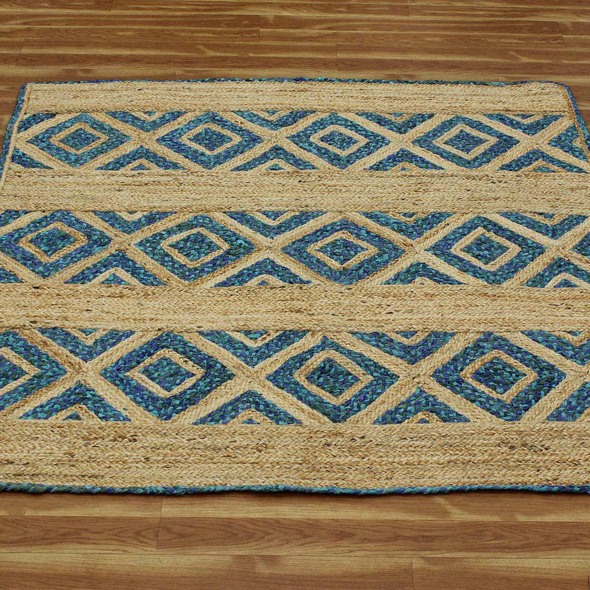 Geometric Beige Blue Hand Braided Hall Way Decor Cotton Jute Rug - Indian Rug Store