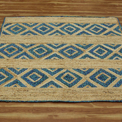 Geometric Beige Blue Hand Braided Hall Way Decor Cotton Jute Rug - Indian Rug Store