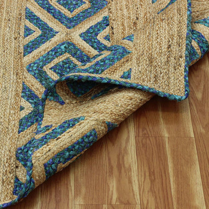 Geometric Beige Blue Hand Braided Hall Way Decor Cotton Jute Rug - Indian Rug Store