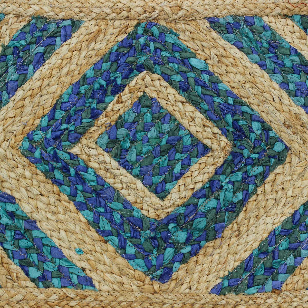 Geometric Beige Blue Hand Braided Hall Way Decor Cotton Jute Rug - Indian Rug Store