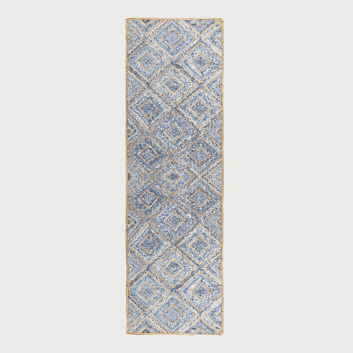 Bedroom Decor Beige Blue Geomtrical Hand Braided Cotton Jute Rug - Indian Rug Store