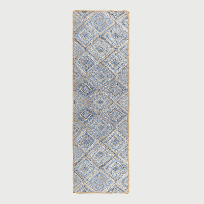 Bedroom Decor Beige Blue Geomtrical Hand Braided Cotton Jute Rug - Indian Rug Store