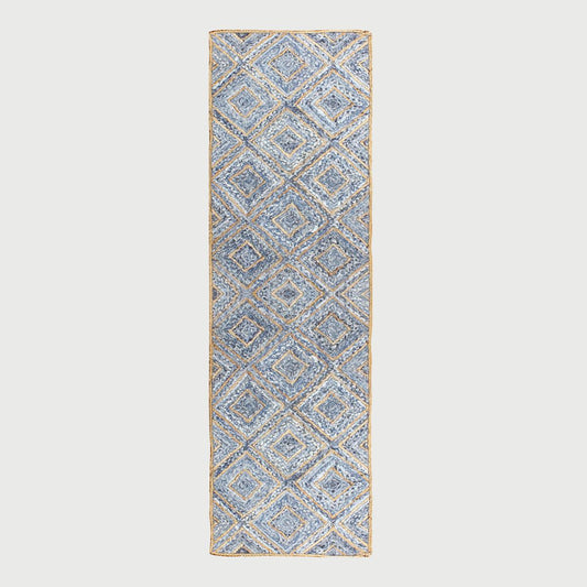 Bedroom Decor Beige Blue Geomtrical Hand Braided Cotton Jute Rug - Indian Rug Store