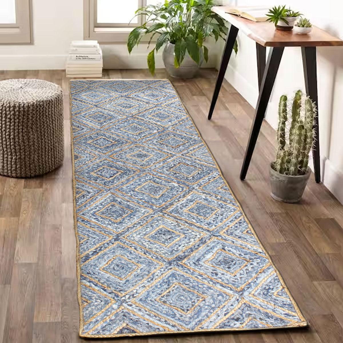 Bedroom Decor Beige Blue Geomtrical Hand Braided Cotton Jute Rug - Indian Rug Store