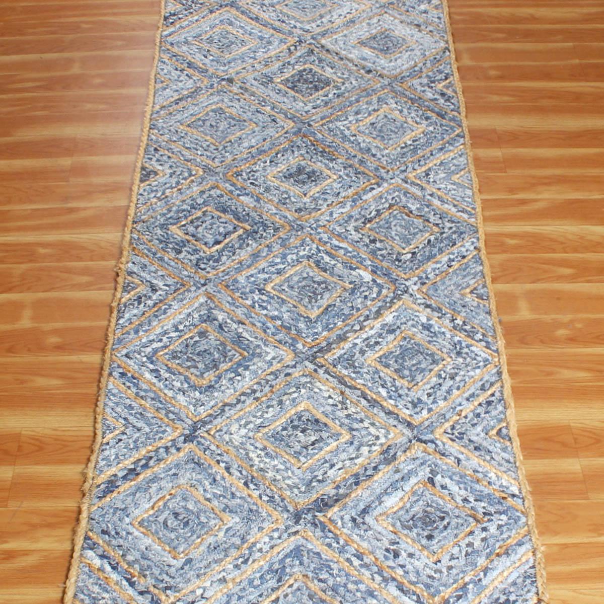 Bedroom Decor Beige Blue Geomtrical Hand Braided Cotton Jute Rug - Indian Rug Store