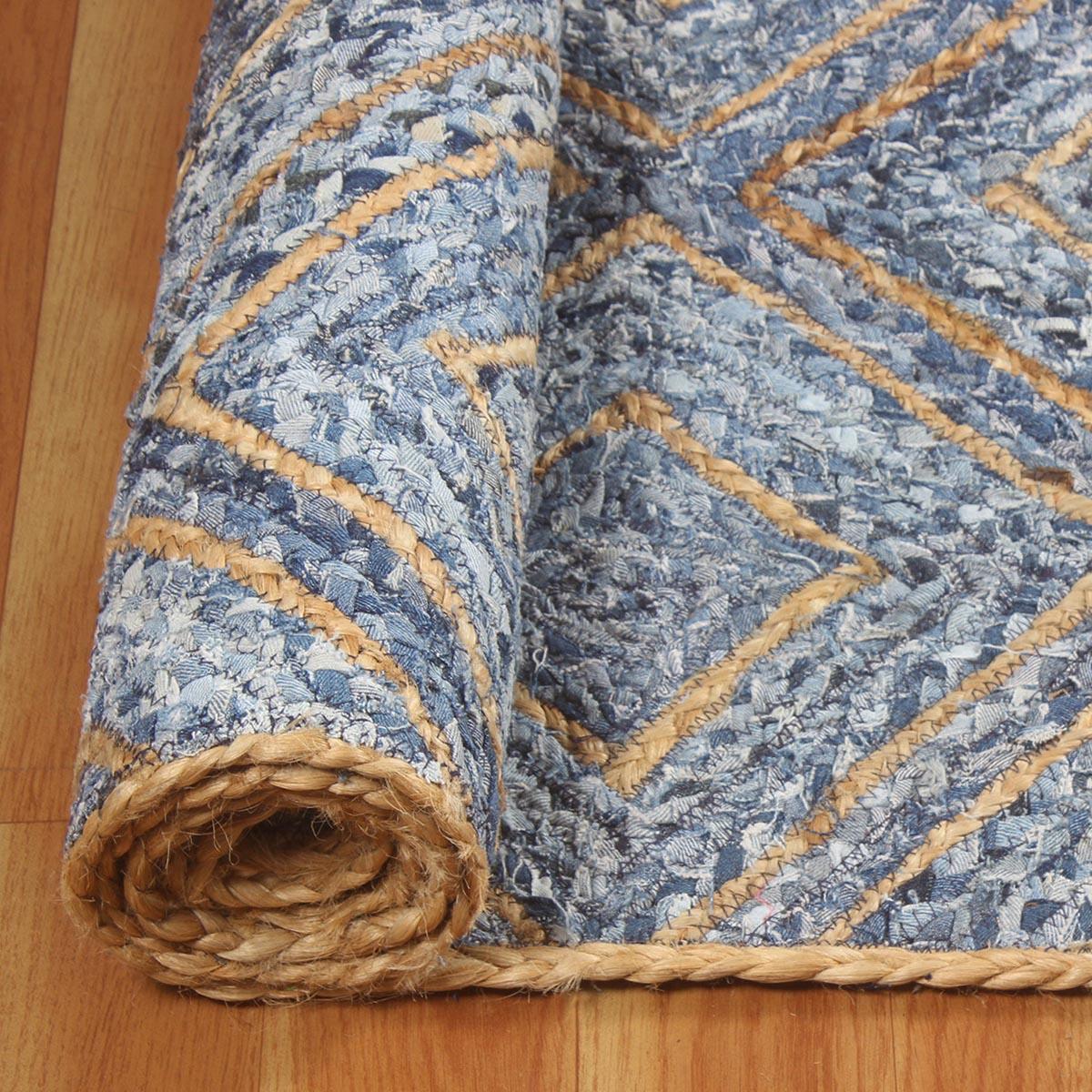 Bedroom Decor Beige Blue Geomtrical Hand Braided Cotton Jute Rug - Indian Rug Store