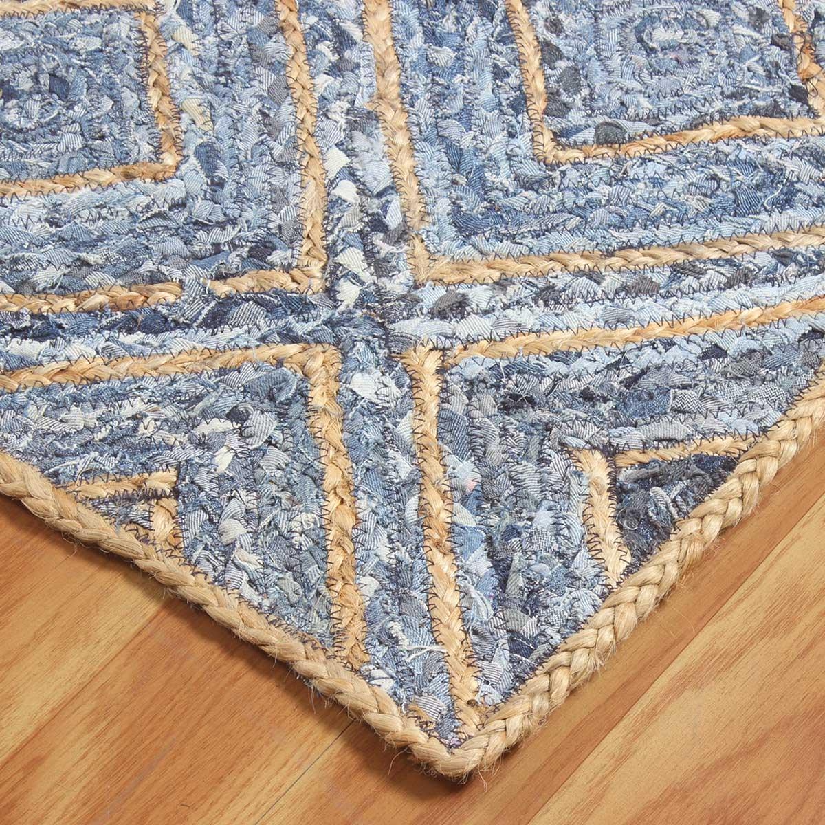 Bedroom Decor Beige Blue Geomtrical Hand Braided Cotton Jute Rug - Indian Rug Store