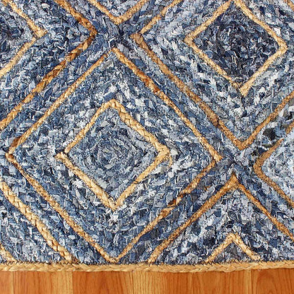 Bedroom Decor Beige Blue Geomtrical Hand Braided Cotton Jute Rug - Indian Rug Store